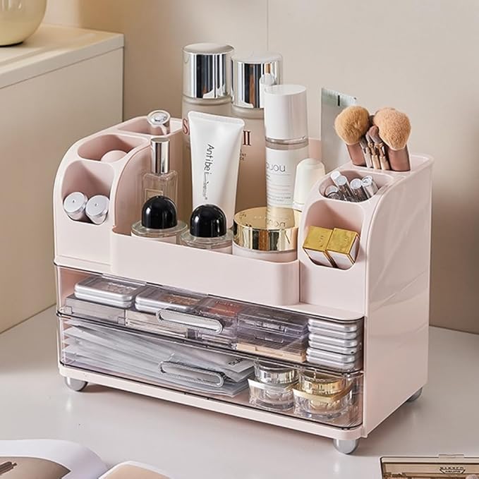 Extra Large Makeup Organizer with 2 Wide Drawers Divided Top Compartment, Spacious Cosmetic Display Case, 4 Colors Skincare Storage box for Vanity and Countertop (Pink)