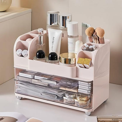 Extra Large Makeup Organizer with 2 Wide Drawers Divided Top Compartment, Spacious Cosmetic Display Case, 4 Colors Skincare Storage box for Vanity and Countertop (Pink)