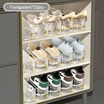 Shoe Slots Organizer, 15 Pack - Adjustable Shoe Stacker for Closet Storage, Clear Double Layer Space Saver, Durable and Stackable Shoe Holder for Sneakers Heels and Flat