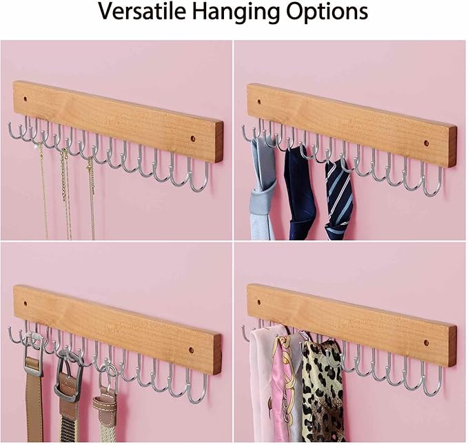 SCUNDA Wall Mounted Necklace Holder, Farmhouse Style Necklace Holder, Tangle Free Wall Jewelry Organizer with 28 Hooks(2 Packs,Natural)