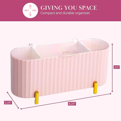 Paris Hilton Makeup & Storage Organizer with Lid, Customizable 3-Compartment Tray, Elegant Ribbed Design, Compact & Durable, Pink
