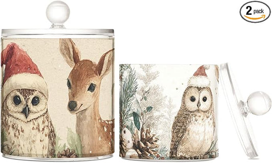 2 Pack Qtip Dispenser Apothecary Jars with Lids Cotton Round Holder Bathroom Canisters for Cotton Swab Floss Ball Pads Clear Plastic Decorative Beige Christmas Owl Deer Pinecorns