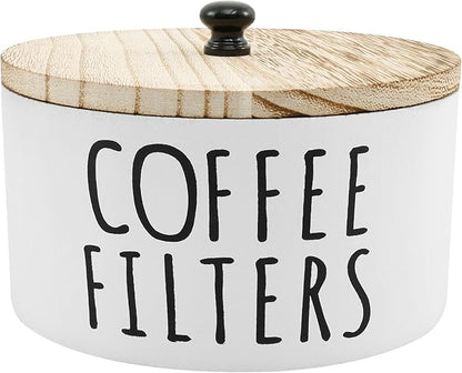 Coffee Filter Holder - Wooden Coffee Storage Container with Lid, Multipurpose Filter Dispenser, Sturdy Coffee Pod Organizer for Bar Counter Decor (White)