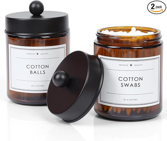 2-Pack Bathroom Apothecary Storage Jars, Vanity Countertop Canister, Glass Jars Q-tip Holder, Cotton Swab Container, Bathroom Storage Container with 8 Pcs Waterproof Labels