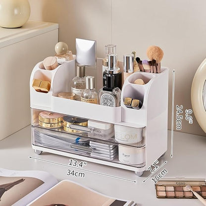 Extra Large Makeup Organizer with 2 Wide Drawers Divided Top Compartment, Spacious Cosmetic Display Case, 4 Colors Skincare Storage box for Vanity and Countertop (White)