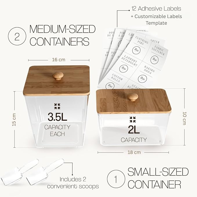 3 Pack Acrylic Laundry Room Organization Containers with Gold & Wood Knobs – Laundry Pods Container & Detergent Organizer Set | Clear Laundry Jars | Scoops & Customizable Labels | Storage Canisters
