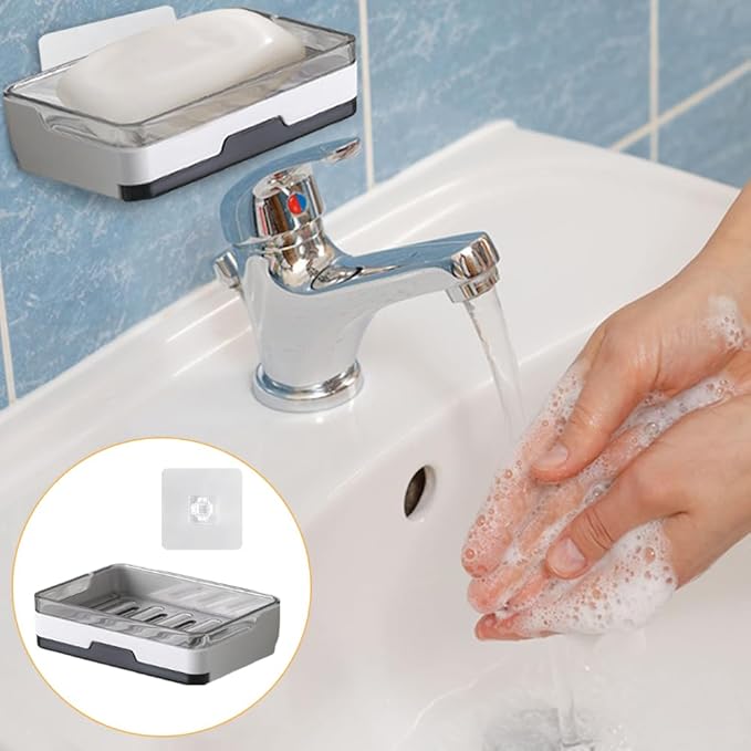 2 pcs Self Adhesive Soap Dish with Drawer-Type Drip Tray and 2 No-Trace Adhesive Pad, Wall Mounted Soap Holder Shower Sink Bar Soap Sponge Holder Tray Rack(White)
