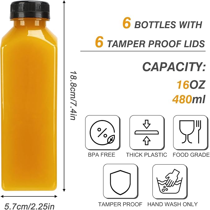TOMNK 6pcs Juice Bottles, 16oz Reusable Plastic Juice Bottles with Caps and Labels, Funnel, Brush Beverage Containers for Juicing, Smoothies, Tea, Milk
