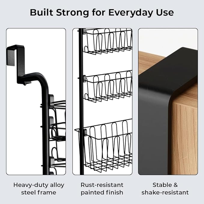 Over Door Organizer Storage - 8 Tier Black Metal Over the Door Pantry Organizer Heavy Duty Hanging Storage Rack, Behind Cabinet Shelves for Home, Kitchen, Bathroom, Closet, Pantry.