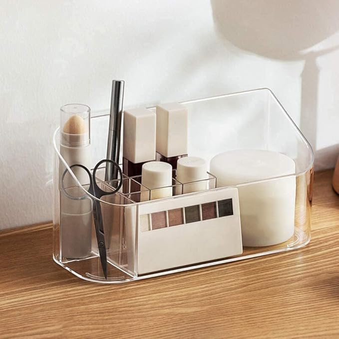 LINFIDITE Makeup Organizer Tray Bathroom Cabinet Cosmetic Storage with 9 Compartments 2 Removable Dividers Lipgloss Organizer Makeup Display Tray Case for Beauty Essentials Crystal Clear
