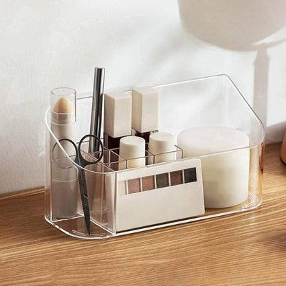 LINFIDITE Makeup Organizer Tray Bathroom Cabinet Cosmetic Storage with 9 Compartments 2 Removable Dividers Lipgloss Organizer Makeup Display Tray Case for Beauty Essentials Crystal Clear