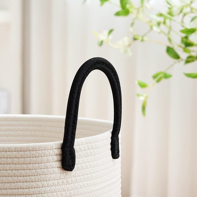 VIPOSCO Large Laundry Hamper, Tall Woven Rope Storage Basket for Blanket, Toys, Dirty Clothes in Living Room, Bathroom, Bedroom - 100L White & Black