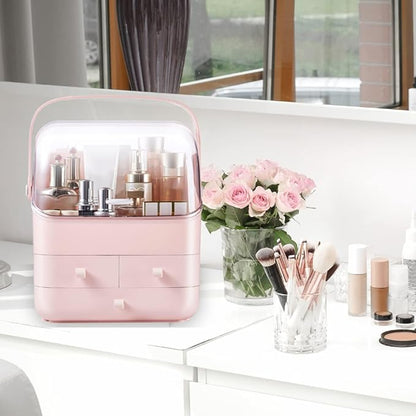 LINFIDITE Cosmetic Storage Box with Lid Waterproof&Dustproof Makeup Organizer Box Portable Handle,Large Makeup Display Case with Drawers Fully Open Lid,Great for Bathroom Countertop Bedroom Dresser