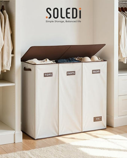 SOLEDI 200L 3-Section Laundry Hamper with Lid, Extra Large Dirty Clothes Basket with Sturdy Handles for Laundry Room & Bedroom - Durable Organizer for Sorting Laundry
