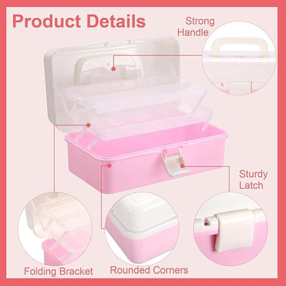 Hipiwe Plastic Hair Accessories Organizer Three-layer Folding Craft Organizer with Dividers Home Utility Case with Handle for Hair Tool Nail Art Tool Makeup, Pink