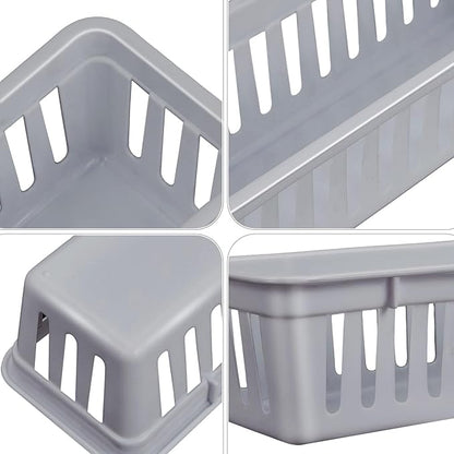 Domensi 12 Pack Slim Plastic Storage Baskets Tray for Organizing 10.25x3.25x2.5 Inch Small Narrow Storage Bins Stackable Drawer Pencil Trays Holder for Desk Garage Cabinet Container (Gray)