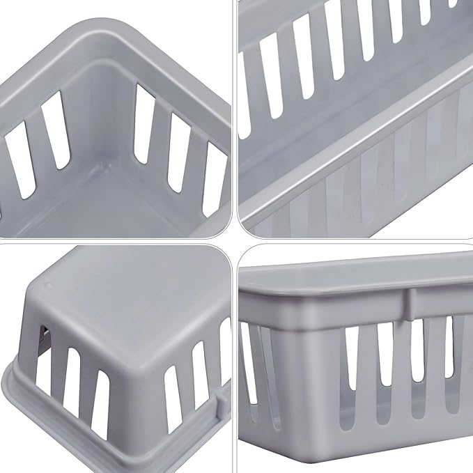 Domensi 24 Pack Slim Plastic Storage Baskets Tray for Organizing 10.25x3.25x2.5 Inch Small Narrow Storage Bins Stackable Drawer Pencil Trays Holder for Desk Garage Cabinet Container (Gray)