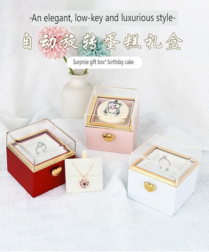 Magic Flip Jewelry Carousel with Heart Button Surprise, Rotating Transparent Gift Box - Bear Cake or Flower Design Organizer for Necklaces & Rings, Birthday Mothers Day Gifts for Women (White Bear)