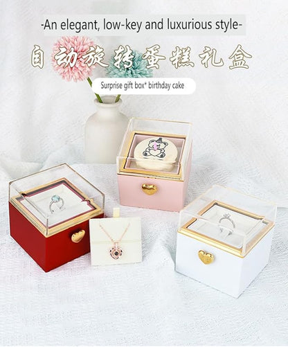Magic Flip Jewelry Carousel with Heart Button Surprise, Rotating Transparent Gift Box - Bear Cake or Flower Design Organizer for Necklaces & Rings, Birthday Mothers Day Gifts for Women (White Bear)