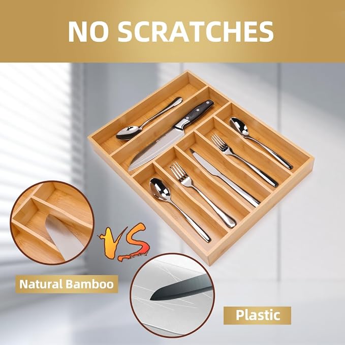 Upassion Bamboo Kitchen Drawer Organizer, 13 Inch Silverware Organizer with Extra-deep Grooved Divider, 7 Slots Pure Bamboo Wood Caddy for Flatware Cutlery Knives, Forks, Spoons