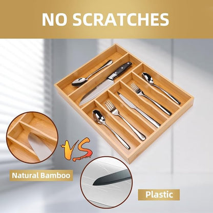 Upassion Bamboo Kitchen Drawer Organizer, 13 Inch Silverware Organizer with Extra-deep Grooved Divider, 7 Slots Pure Bamboo Wood Caddy for Flatware Cutlery Knives, Forks, Spoons