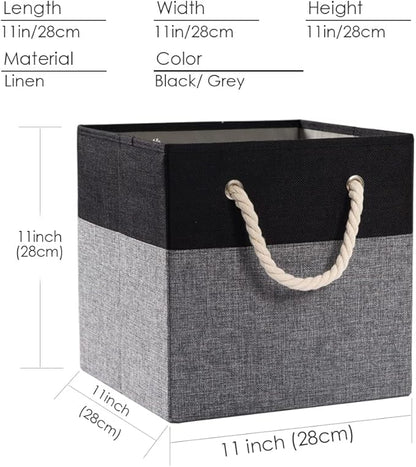 PRANDOM Large Foldable Cube Storage Bins 11x11 inch [2-Pack] Fabric Linen Storage Baskets Cubes Drawer with Cotton Handles Organizer for Shelves Nursery Closet Bedroom Black