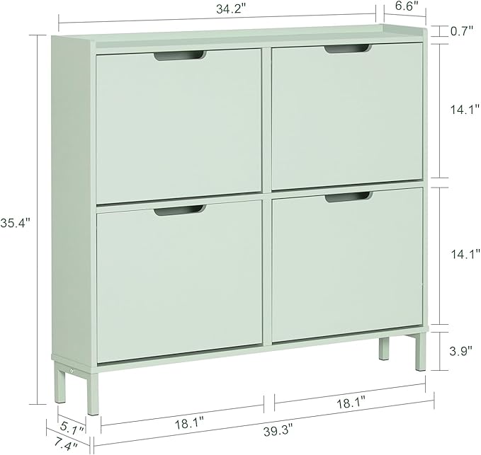 Haotian Green Shoe Cabinet with 4 Flip-Drawers, Narrow Freestanding Shoe Rack, Slim Shoe Organiazer for Entryway Hallway Mudroom(7.5" D x 39.4" W x 35.8" H) FSR100-GR
