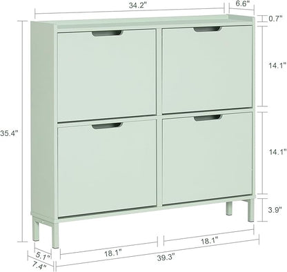 Haotian Green Shoe Cabinet with 4 Flip-Drawers, Narrow Freestanding Shoe Rack, Slim Shoe Organiazer for Entryway Hallway Mudroom(7.5" D x 39.4" W x 35.8" H) FSR100-GR