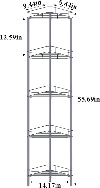 HuggieGems 5 Tier Floor Standing Corner Shower Caddy Organizer Shelf with Hooks, Bathroom Shelves Stand Rack, Dark Gray