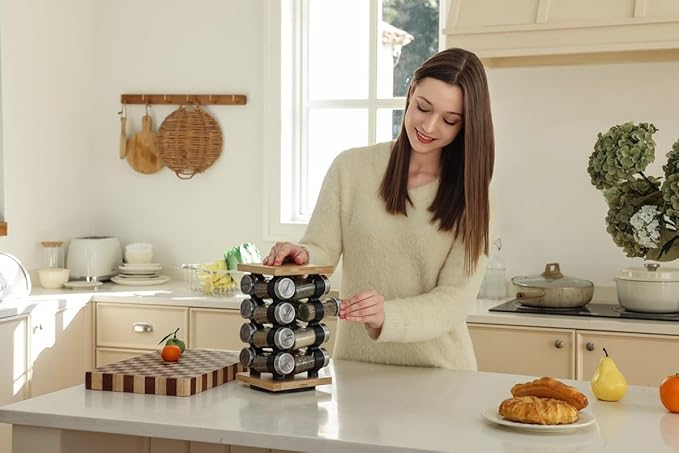 Orii 16 Jar Rotating Bamboo Spice Rack with Spices Included & 5-Year Spice Refill Program – Compact Countertop Spice Rack with Glass Jars