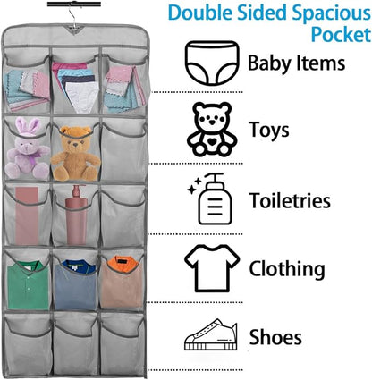3Pcs 30 Large Pockets Dual Sided Hanging Shoe Organizer Double-Side Closet Storage Shelves with Rotating Hanger Space Saving Storage Bag Portable Shoe Rack Holder for Bedroom Laundry Room,Gray