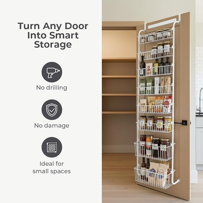 Over Door Organizer Storage - 8 Tier White Metal Over the Door Pantry Organizer Heavy Duty Hanging Storage Rack, Behind Cabinet Shelves for Home, Kitchen, Bathroom, Closet, Pantry