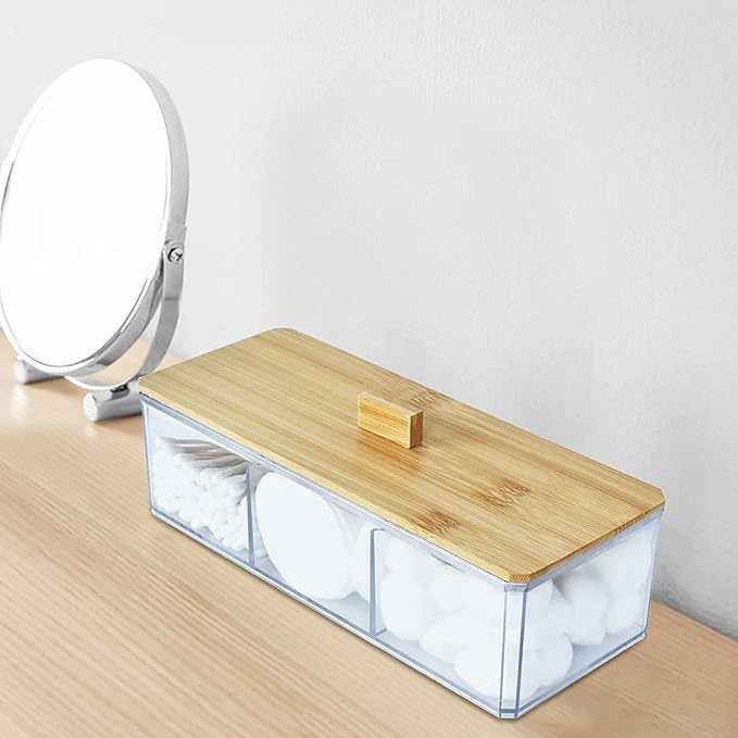 Acrylic Qtip Dispenser with Wood Lid - 3 Compartment Bathroom Organizer for Q Tip, Cotton Swab and Cotton Pad Holder, Vanity Storage Organization for Countertop and Drawer