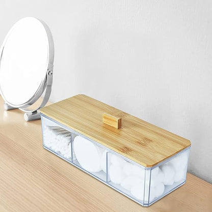 Acrylic Qtip Dispenser with Wood Lid - 3 Compartment Bathroom Organizer for Q Tip, Cotton Swab and Cotton Pad Holder, Vanity Storage Organization for Countertop and Drawer