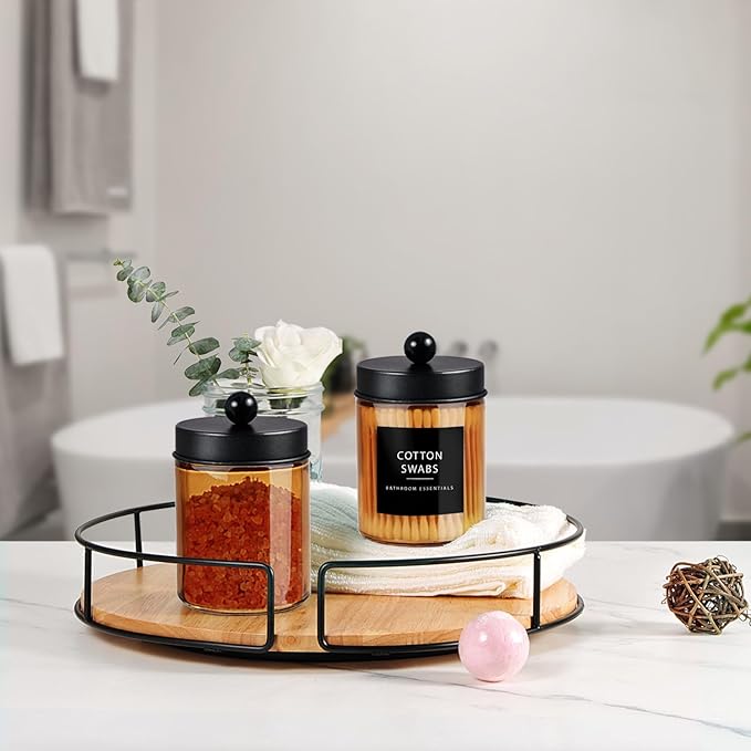 Amolliar Bronze Glass Apothecary Jar With Metal Lid & Stickers, Bathroom Qtip Dispenser Storage Canister, Perfect for Cotton Balls, Cotton Swabs, Makeup Pads, Bath Salt, Floss, 2 Pack (Black)
