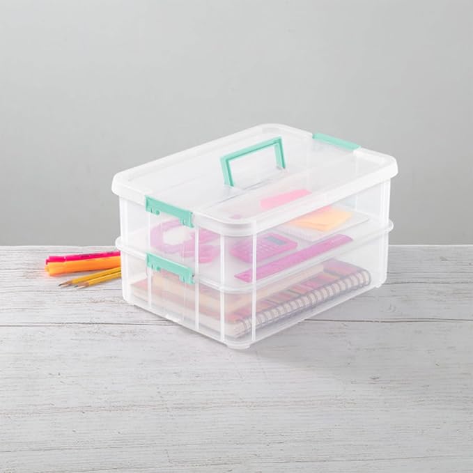Sterilite 8-Pack Stack & Carry, 2 Layer Handle Box for Home & Office Storage - Clear Base & Lid with Color Latches, Organizer for Art & Craft Supplies, Sewing Tools or 8.5" x 11" Paper