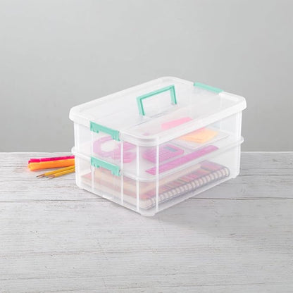 Sterilite 8-Pack Stack & Carry, 2 Layer Handle Box for Home & Office Storage - Clear Base & Lid with Color Latches, Organizer for Art & Craft Supplies, Sewing Tools or 8.5" x 11" Paper