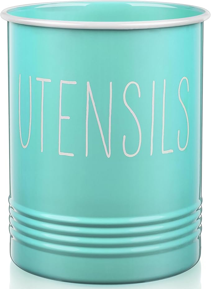 Bivvclaz Teal Kitchen Utensil Holder, 6.7" Utensil Holder for Kitchen Counter, Cooking Utensil Crock with Cork Bottom, Turquoise Decor and Accessories, Countertop Utensil Storage Caddy Organizer