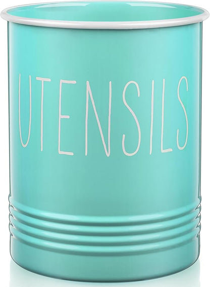 Bivvclaz Teal Kitchen Utensil Holder, 6.7" Utensil Holder for Kitchen Counter, Cooking Utensil Crock with Cork Bottom, Turquoise Decor and Accessories, Countertop Utensil Storage Caddy Organizer