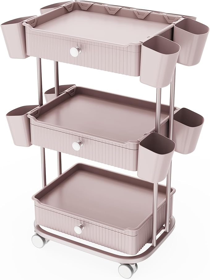 3 Tier Drawer Beauty Cart with 12 Movable Storage Organizer, Thickened ABS & 360° Wheels for Salon Station for Hair Stylist, Beauty Salon, Spa Massage Parlor, Makeup Organizer and More - Pink