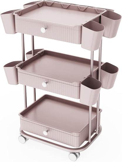3 Tier Drawer Beauty Cart with 12 Movable Storage Organizer, Thickened ABS & 360° Wheels for Salon Station for Hair Stylist, Beauty Salon, Spa Massage Parlor, Makeup Organizer and More - Pink