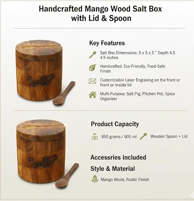 Handcrafted Wooden Salt Box with Lid & Spoon – Rustic Salt Cellar Storage Keeper for Kitchen