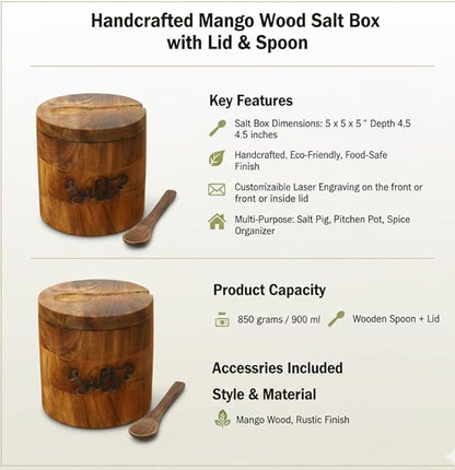 Handcrafted Wooden Salt Box with Lid & Spoon – Rustic Salt Cellar Storage Keeper for Kitchen