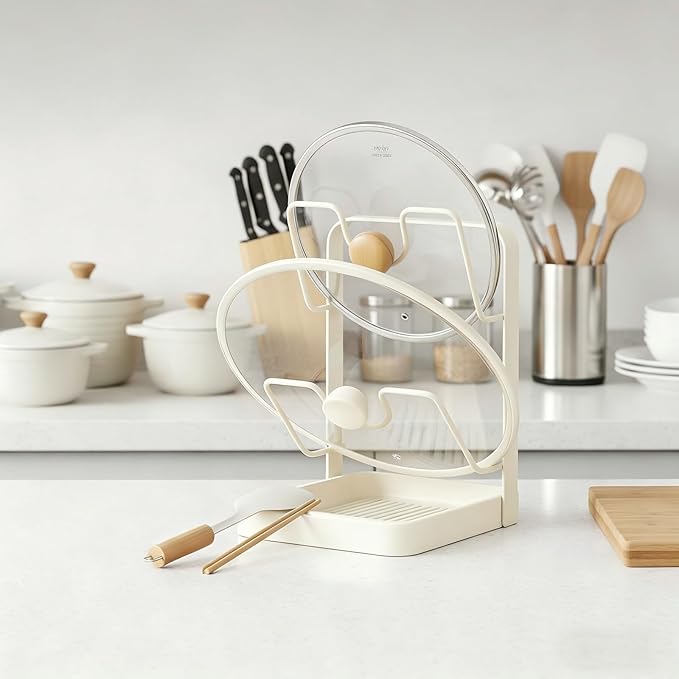 2 Tier Pot Lid Holder Rack for Kitchen Storage, Multifunctional Pan Lid Organizer for Countertop, Kitchen Spoon Rest with Lid Holder Rack for StoveTop White