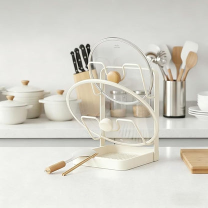 2 Tier Pot Lid Holder Rack for Kitchen Storage, Multifunctional Pan Lid Organizer for Countertop, Kitchen Spoon Rest with Lid Holder Rack for StoveTop White