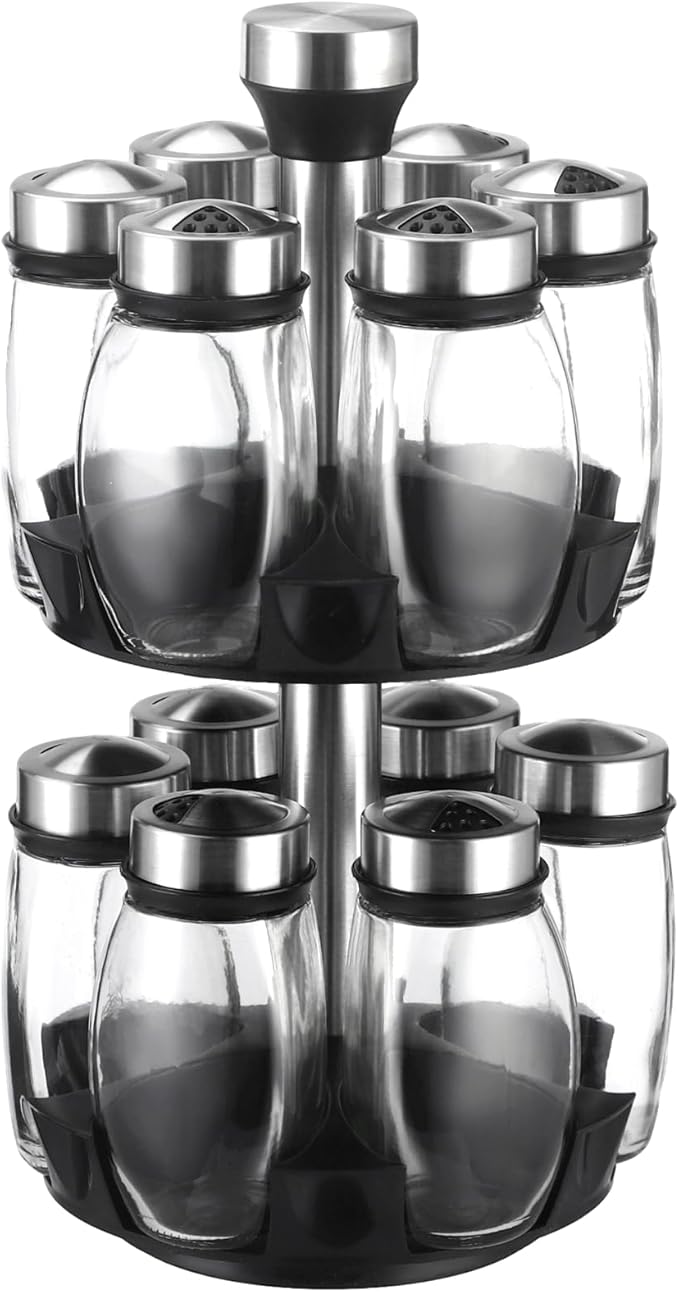 2 Layer Rotating Spice Rack Organizer with 12 Glass Jars, 360° Turntable Seasoning Set, Spinning Kitchen Counter Spice Holder, Airtight Containers with Labels for Kitchen Seasoning Storage