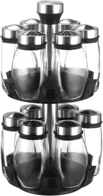 2 Layer Rotating Spice Rack Organizer with 12 Glass Jars, 360° Turntable Seasoning Set, Spinning Kitchen Counter Spice Holder, Airtight Containers with Labels for Kitchen Seasoning Storage