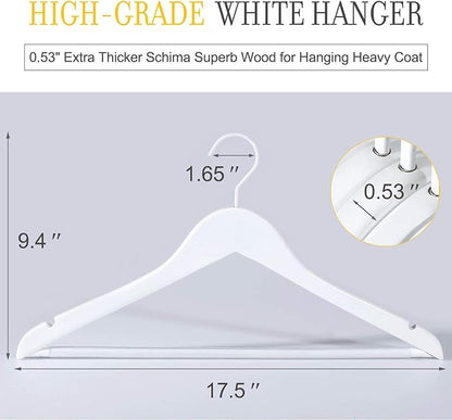 TOPIA HANGER All White Wooden Hangers, Solid Wood Suit Hangers with Extra Thick Hook and Non Slip Pants Bar, Heavy Duty Coat Hangers with Notches, Bridal Hangers for Shirts 16 Pack -CT01W