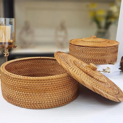 Rattan Basket With Lid, Lidded Wicker Storage Basket for Organizing, Woven Box, Rattan Storage Bin for Shlef or Table, Natural