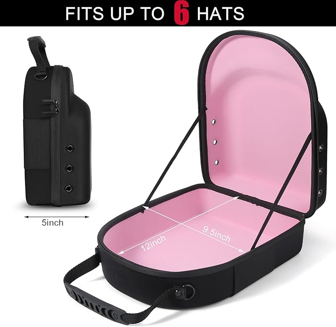 GERMUN Hard baseball hat case, Hat Carrier Travel Case with Adjustable Shoulder Strap, Hat cap case for 6 Baseball Caps - Perfect for Traveling & At-Home Storage (Black with Pink)